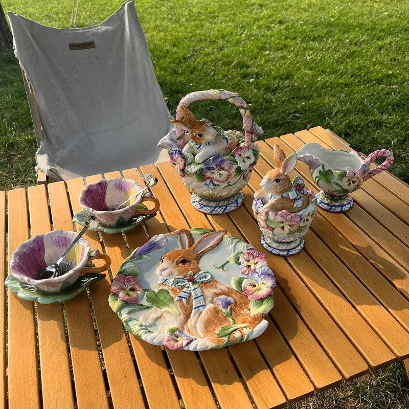 American Hand-painted Ceramic Dinner Set Rabbit Teapot Coffee Cup Plates for Enchanting Garden Afternoon TeaVintage Tableware