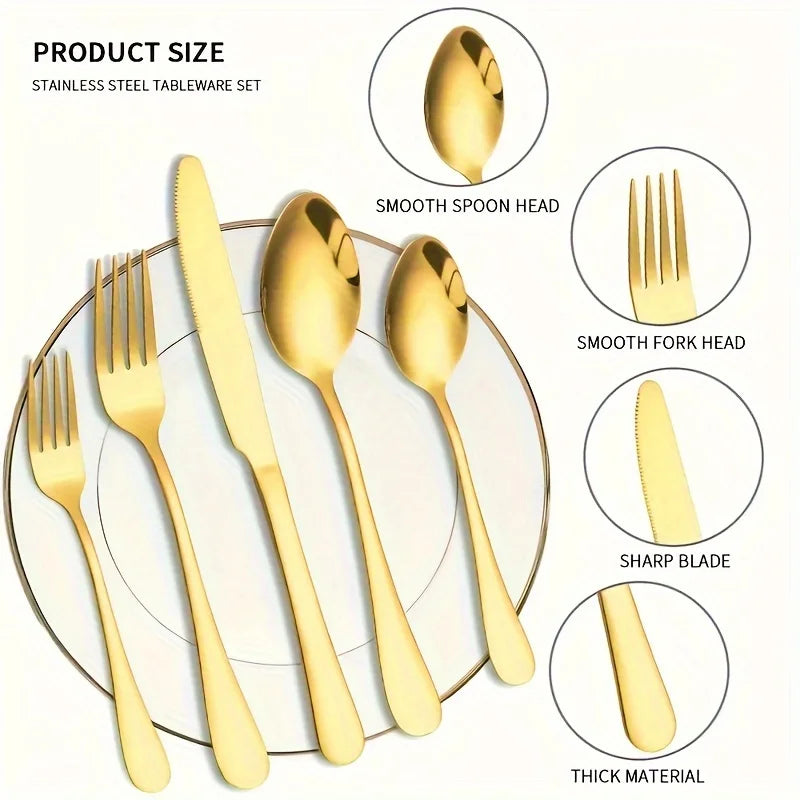 30/60-Piece Luxury Golden Flatware Set, Stainless Steel Cutlery Includes Dinner Spoons,Dinner Forks, Salad Forks, Dinner Knives