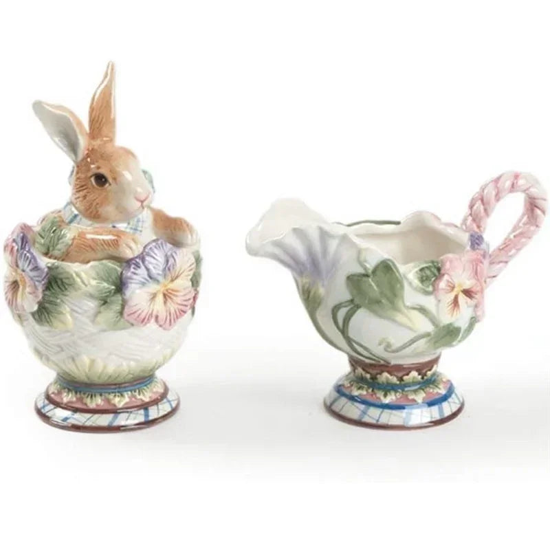 American Hand-painted Ceramic Dinner Set Rabbit Teapot Coffee Cup Plates for Enchanting Garden Afternoon TeaVintage Tableware