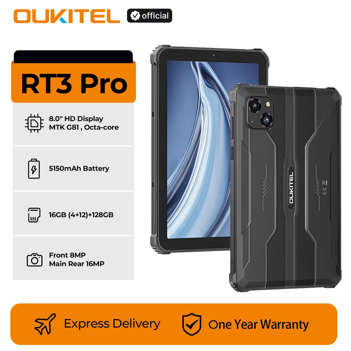 Oukitel RT3 PRO 5150mAh Battery 16GB+128GB 8"HD Display 13.9mm Ultra-Slim Profile IP68 &IP69K & MIL-STD-810H