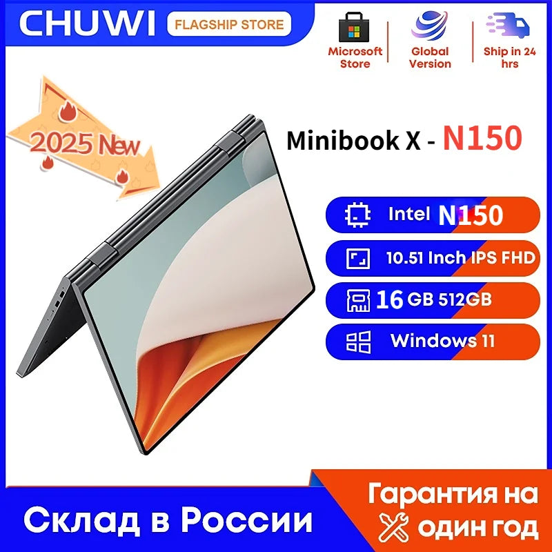 CHUWI MiniBook X Intel N150 10.51 Inch 2-in-1 Tablet Laptop 12GB LPDDR5 512G SSD Windows 11 Laptops Mini Notebook 2K FHD WiFii 6