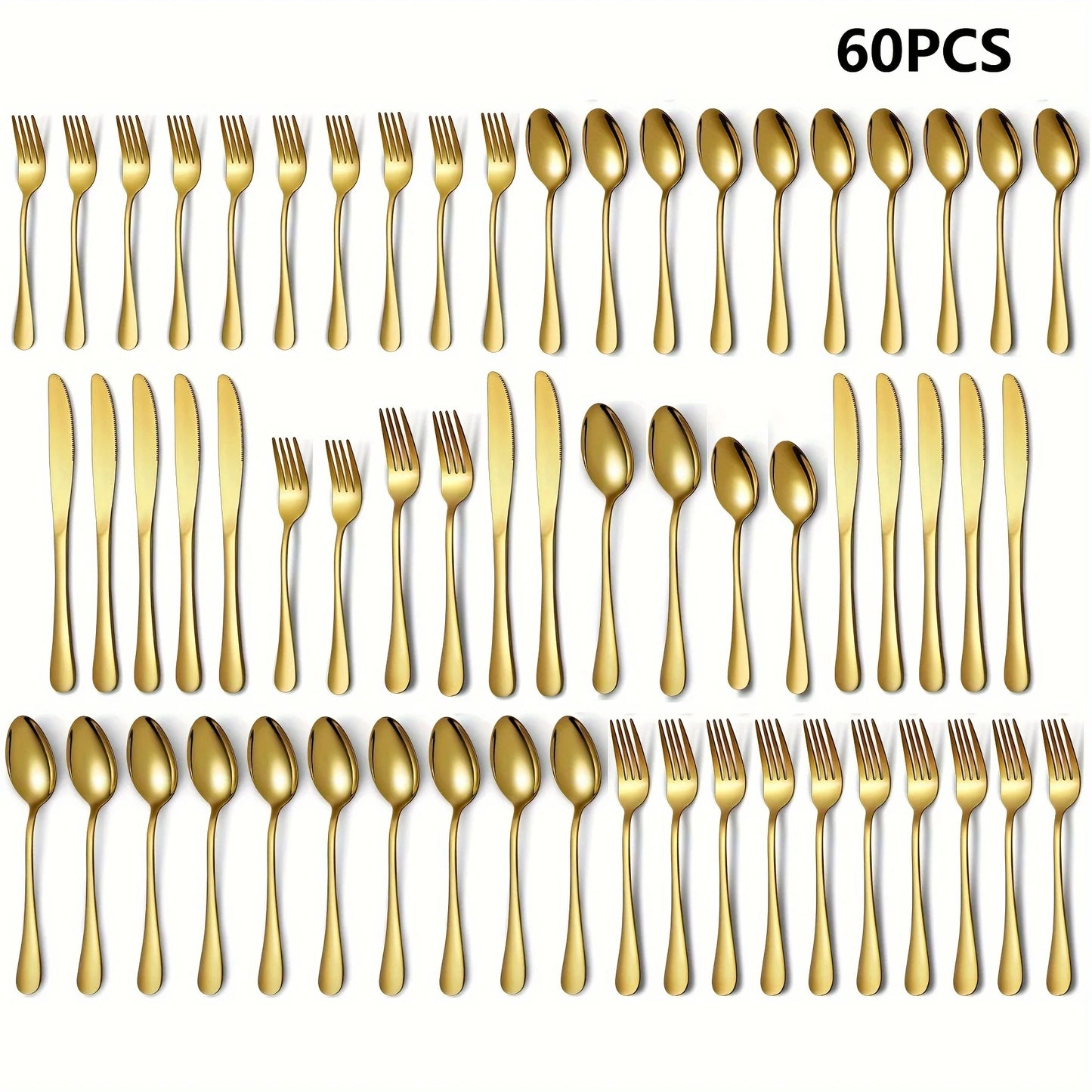 30/60-Piece Luxury Golden Flatware Set, Stainless Steel Cutlery Includes Dinner Spoons,Dinner Forks, Salad Forks, Dinner Knives