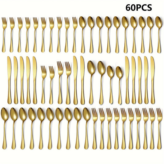 30/60-Piece Luxury Golden Flatware Set, Stainless Steel Cutlery Includes Dinner Spoons,Dinner Forks, Salad Forks, Dinner Knives