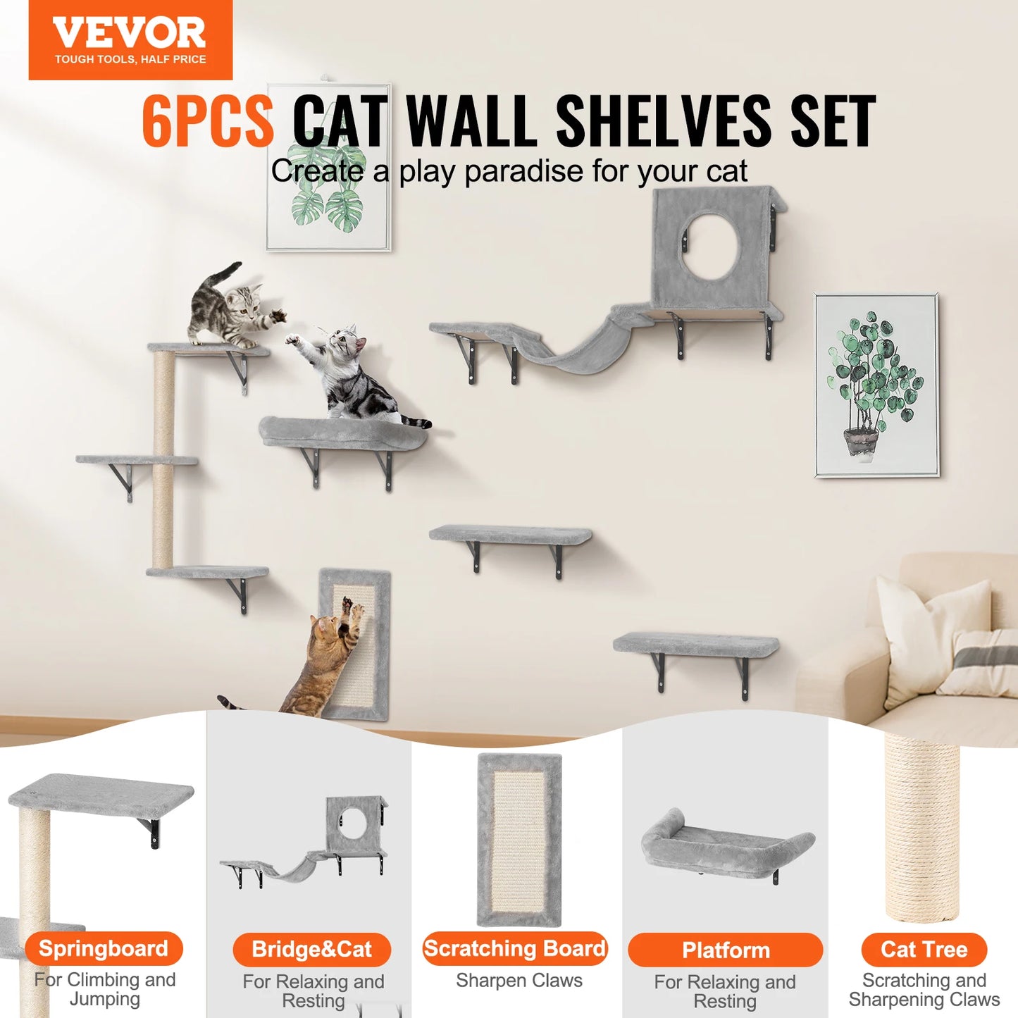 SucceBuy Wall Mounted Cat Shelves Cat Wall Shelves and Perches with Jumping Boards Cat Tree & Cat Grip Cat Furniture and Shelves