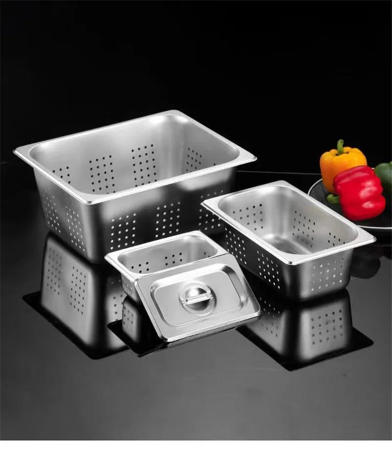 Rectangle Stainless Steel Storage Leak Trays Hole Mesh Strainer Vegetable Fruit Washing Basket Food GN Pan Water Filter Basin