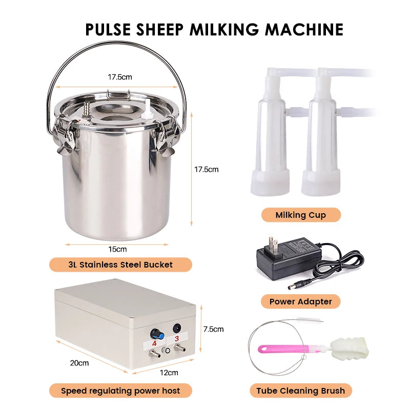 3L Electric Cow Goat Milking Machine Automatic Stop Cattle Pulsating Milking Machine Stainless Steel Milker Bucket Vacuum Pump