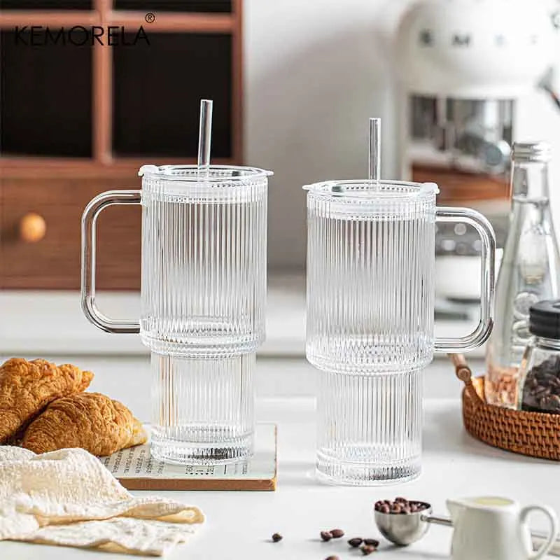 760ML Ribbed Glass Tumbler with Handle Lid 1/2/4PCS Large Iced Coffee Cups with Straws Modern Glass Mug for Cold & Hot Beverages