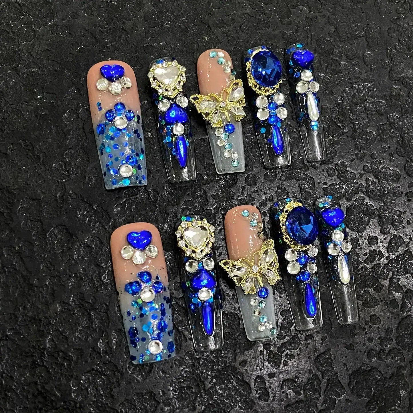 Color: Olive Green - 10Pcs Blue Handmade Butterfly Press on Nails Long False Nails Decoration with Rhinestones French Wearable Fake Nails Tips Art