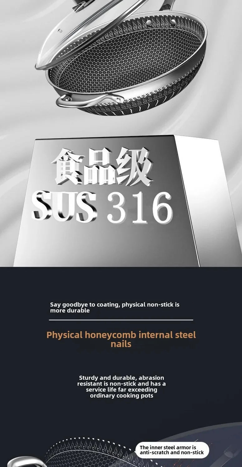 Double-sided screen 316 stainless steel wok Non-coated wok non-stick household induction cooker gas universal wok