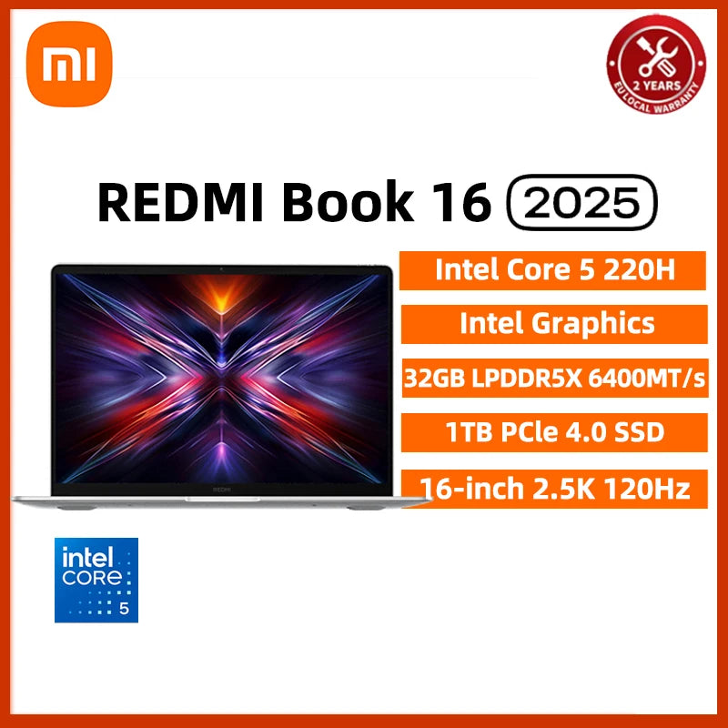 Xiaomi REDMI Book 16 Laptop 2025 Intel Core 5 Processor 220H Intel Graphics 16G/32G RAM 1TB SSD 16-inch 2.5K Screen Notebook PC