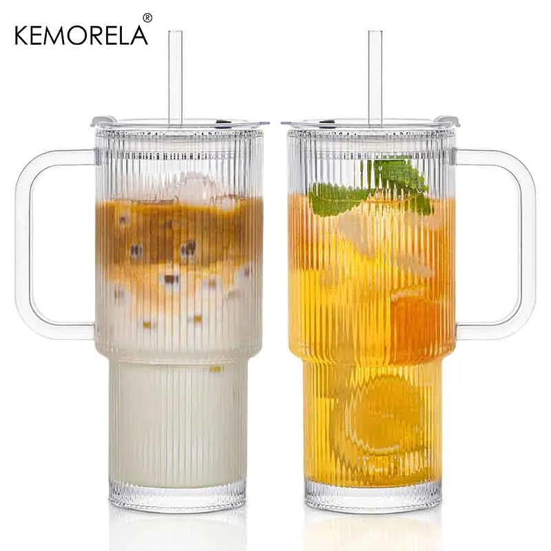 760ML Ribbed Glass Tumbler with Handle Lid 1/2/4PCS Large Iced Coffee Cups with Straws Modern Glass Mug for Cold & Hot Beverages
