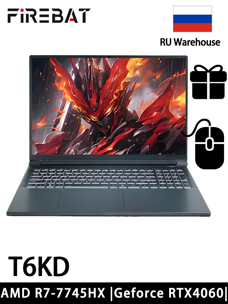 FIREBAT T6KD AMD R7-7745HX 16Inch NVIDA Geforce RTX4060 GPU 16GB RAM 512GB SSD 240Hz Refresh Rate Gaming Gamer Laptop