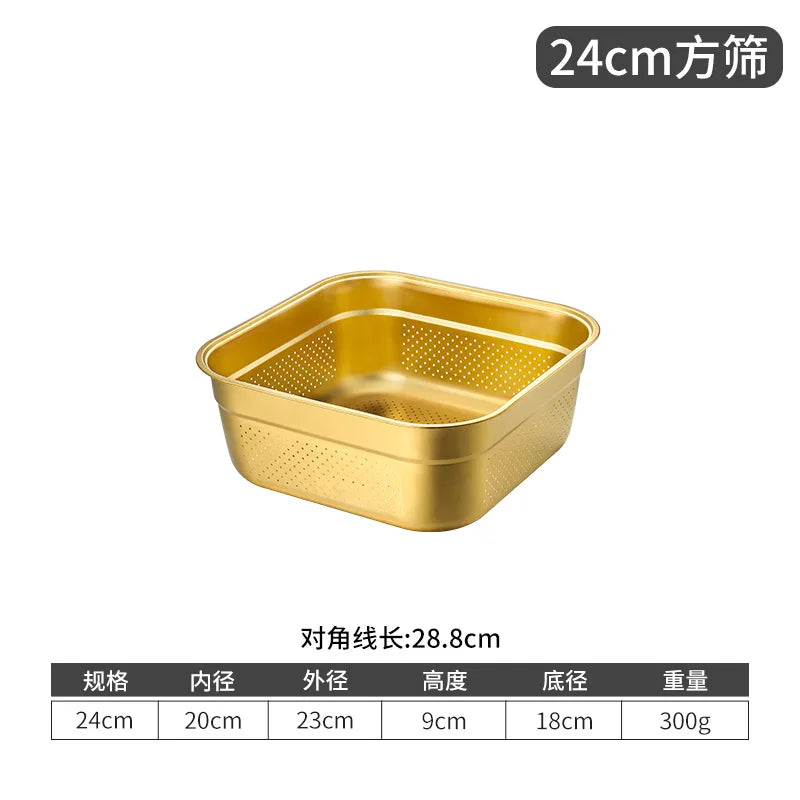 Golden Square Stainless Steel Strainer Draining Basket Egg Flour Mixing Bowl Soup Basin Filter Colander Vegetable Washing Basin