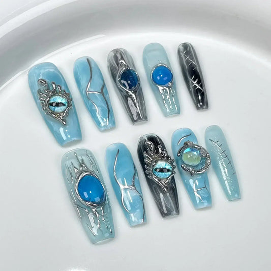 Color: Olive Green - 10Pcs Blue Handmade Butterfly Press on Nails Long False Nails Decoration with Rhinestones French Wearable Fake Nails Tips Art