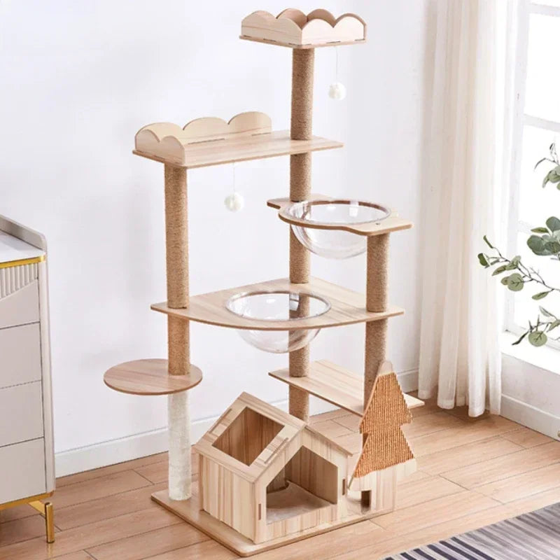 Cat Tree House Sisal Rope Adjustable Multi-Level Floor To Ceiling Cat Tower Cats Condo Pet Products With Scratching Post Hammock