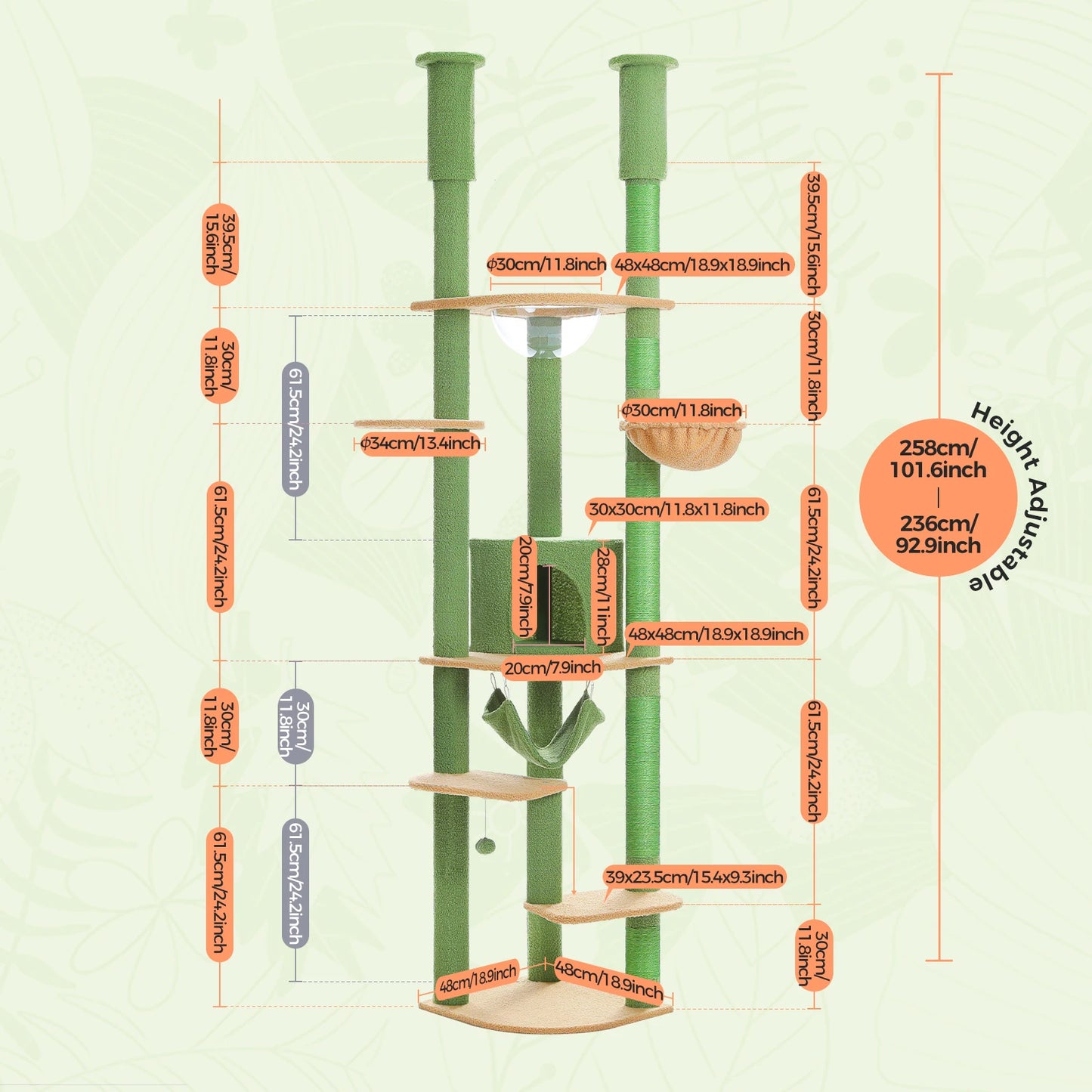 Multi-Level Tall Cat Tree for Indoor Cats Floor to Ceiling Cat Tower with Scratching Posts Cozy Condo Hammock Cat Accessories