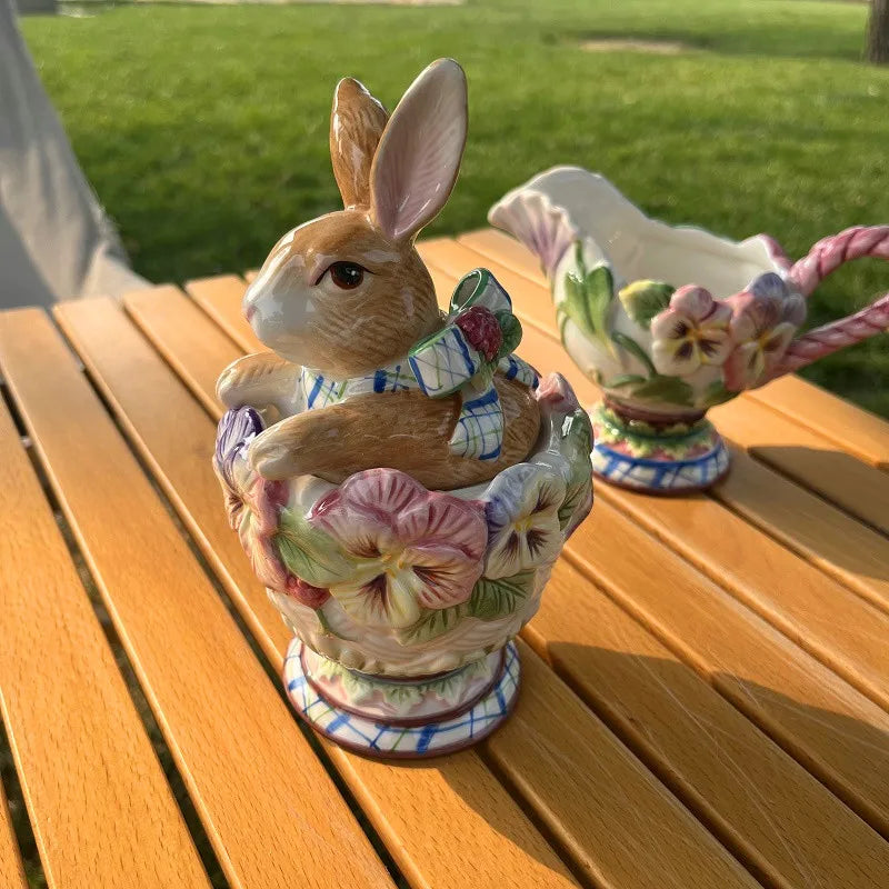 American Hand-painted Ceramic Dinner Set Rabbit Teapot Coffee Cup Plates for Enchanting Garden Afternoon TeaVintage Tableware