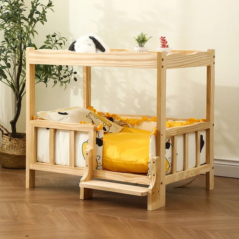 2-Layer Solid Wood Princess Bed for Pets Universal Cat and Dog Bed Breathable Pet Shelter Climbing Ladder for Cats and Dogs