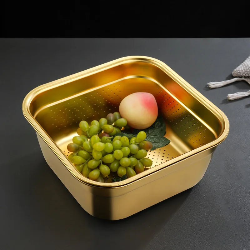 Golden Square Stainless Steel Strainer Draining Basket Egg Flour Mixing Bowl Soup Basin Filter Colander Vegetable Washing Basin