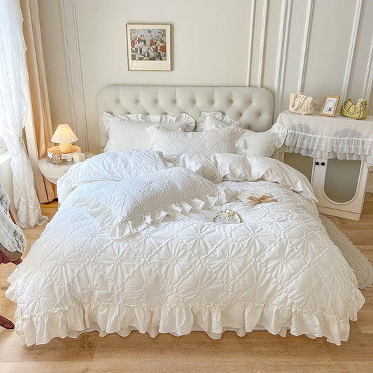 Pattern: Beige, Dimensions: Bed Sheet 180cm - Washed Cotton Four-piece Set Girlish Heart Duvet Cover
